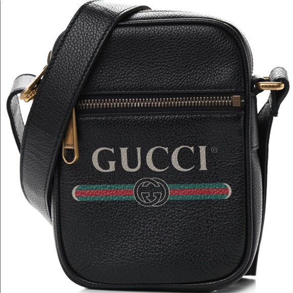 Gucci Logo Print Messenger Crossbody Bag Black Pebbled Leather Unisex – NWT - Picture 16 of 17